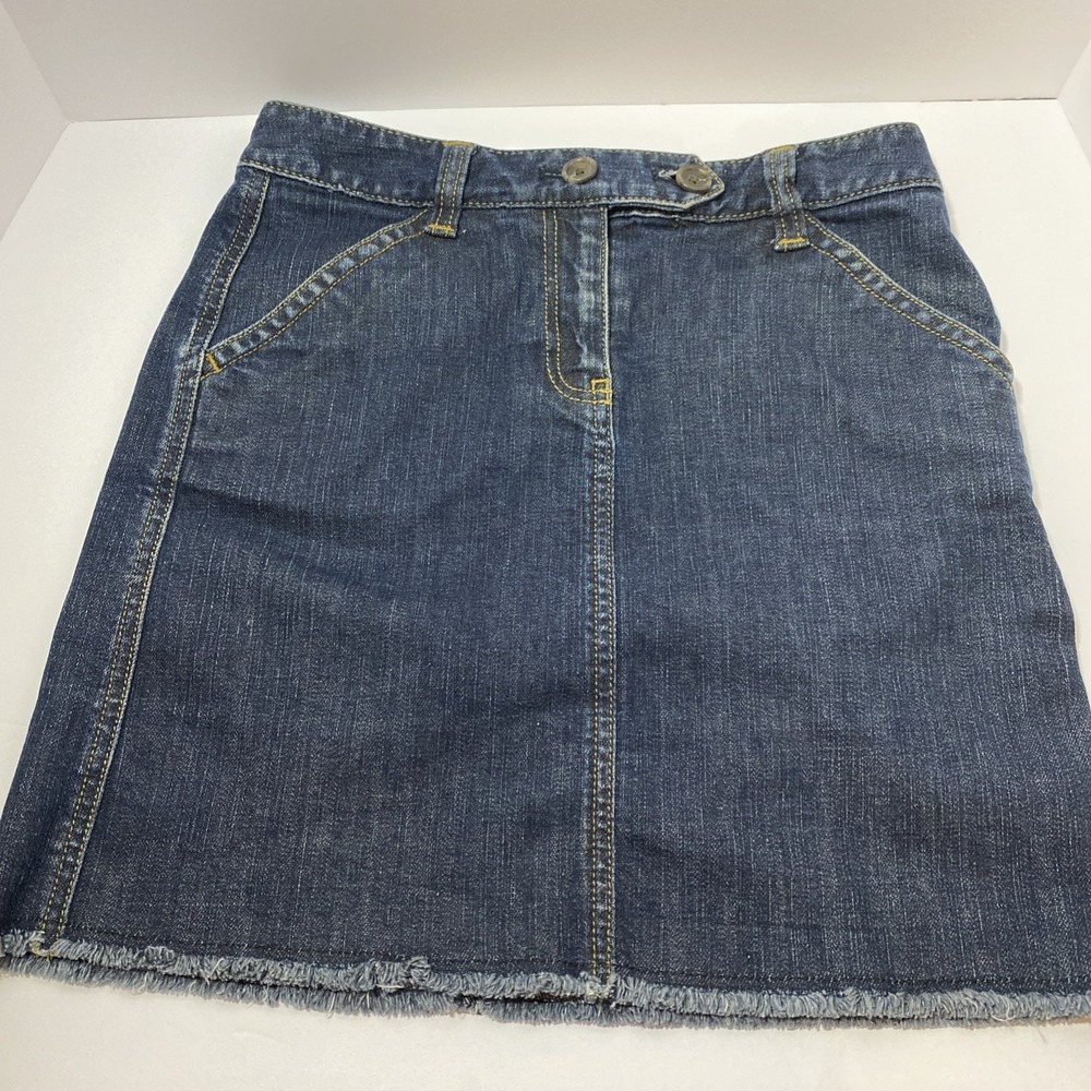 Ann Taylor LOFT Button Front Blue Denim Skirt Women's Size 2 Stretch Fray Hem B1